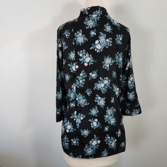 Simply Vera Wang Shirt Top Black Floral 3/4 Sleeve Split Open Back Women's L - Picture 7 of 13